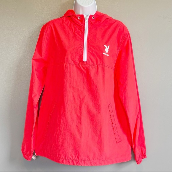 PLAYBOY by PAC Sun Pullover Hooded Windbreaker Neon Pink Orange Men’s Small - Picture 1 of 9